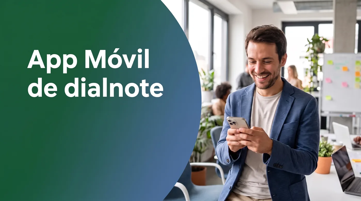 Persona usando la app móvil de dialnote en un smartphone mientras trabaja de forma remota