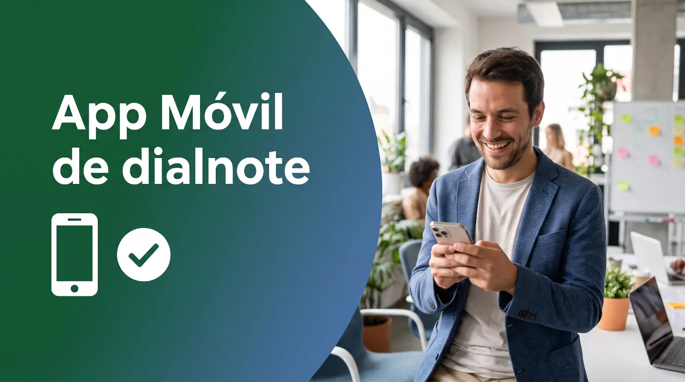 Persona usando la app móvil de dialnote en un smartphone mientras trabaja de forma remota