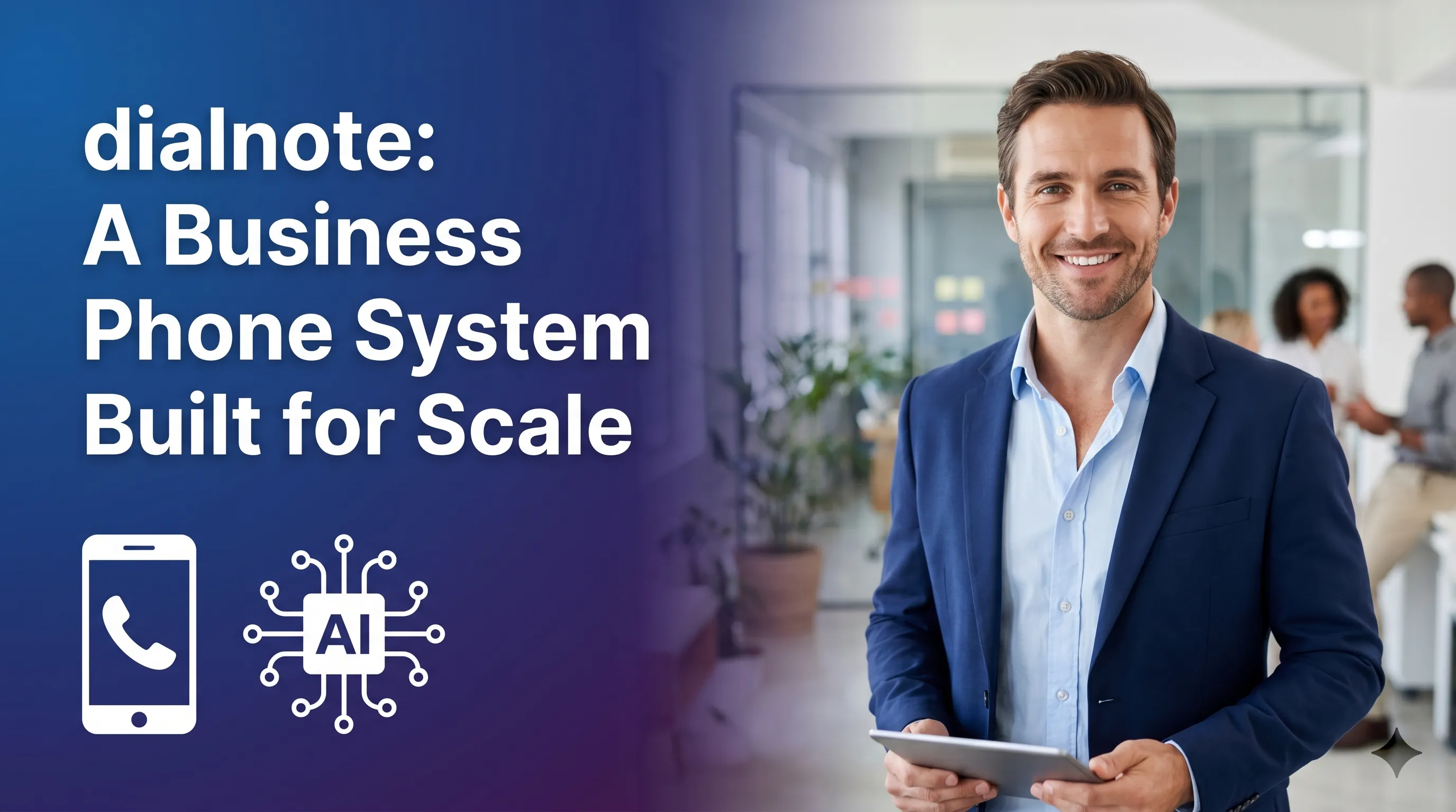 dialnote business phone system dashboard showing call routing, AI receptionist, and analytics features