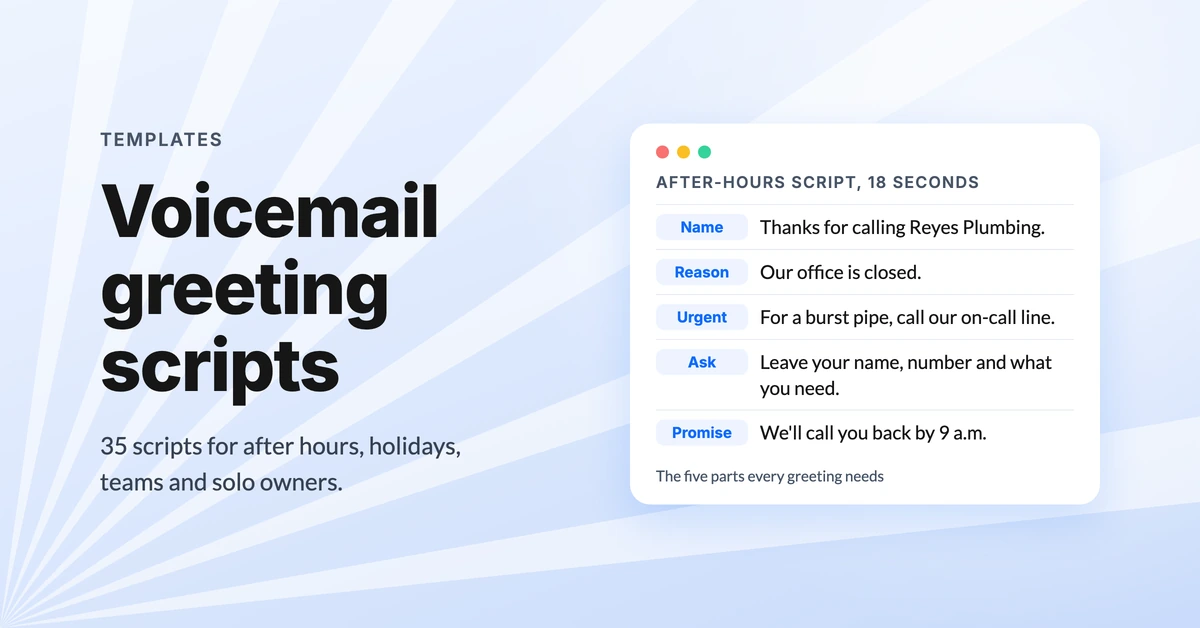 Business voicemail greeting examples: an after-hours script card with the business name, opening hours and a callback promise