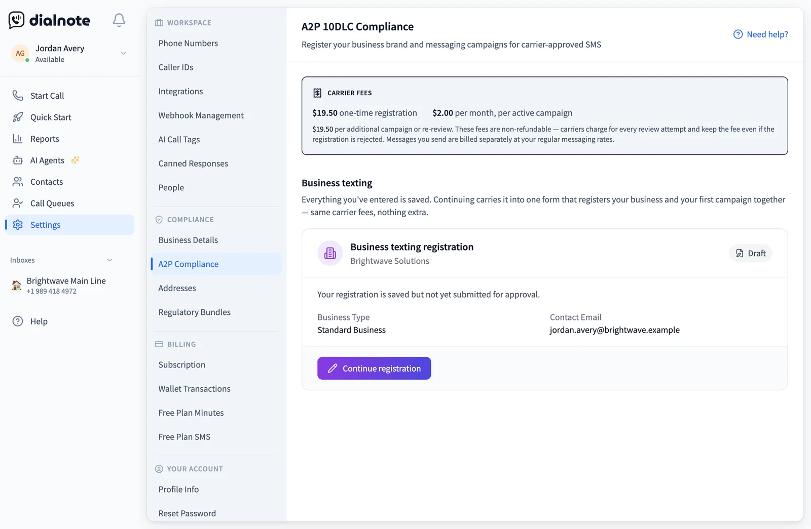 The A2P 10DLC Compliance page in dialnote settings, showing a carrier fees panel quoting $19.50 one-time registration and $2.00 per month per active campaign, above a business texting registration card marked Draft with a Continue registration button