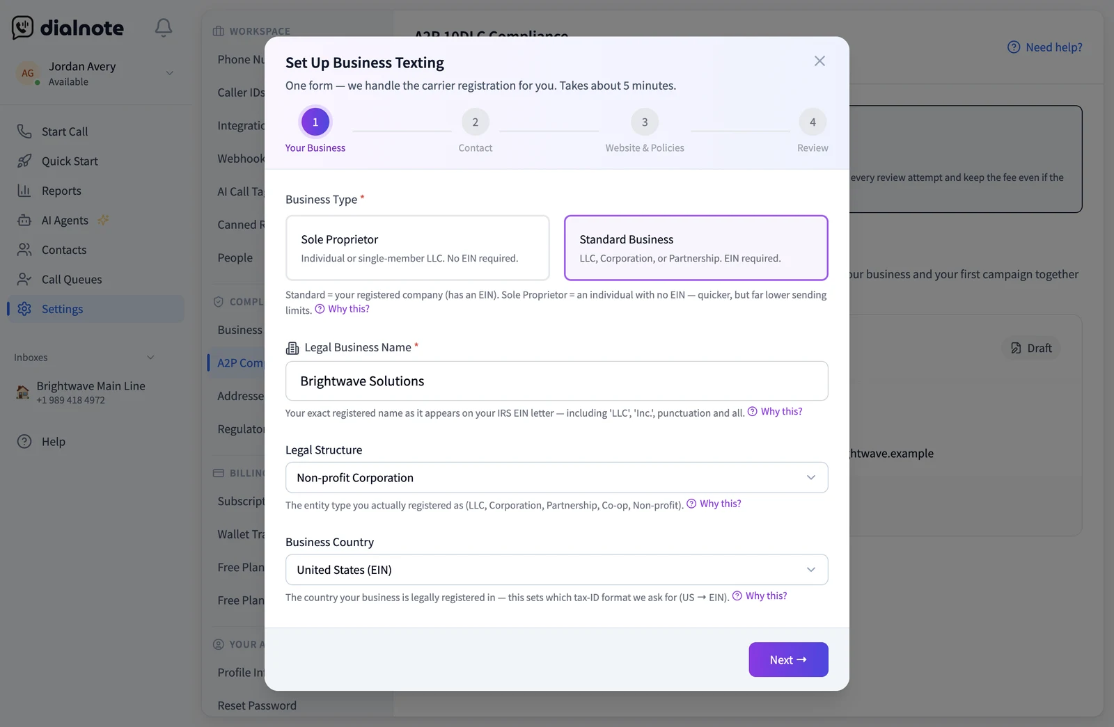 Step 1 of the dialnote business texting setup form, showing the Sole Proprietor and Standard Business options, legal business name, legal structure, and business country fields, with a four-step progress rail across the top