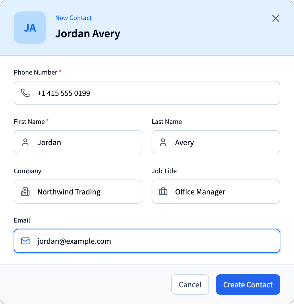 dialnote Add Contact dialog with phone number, first name, and company fields