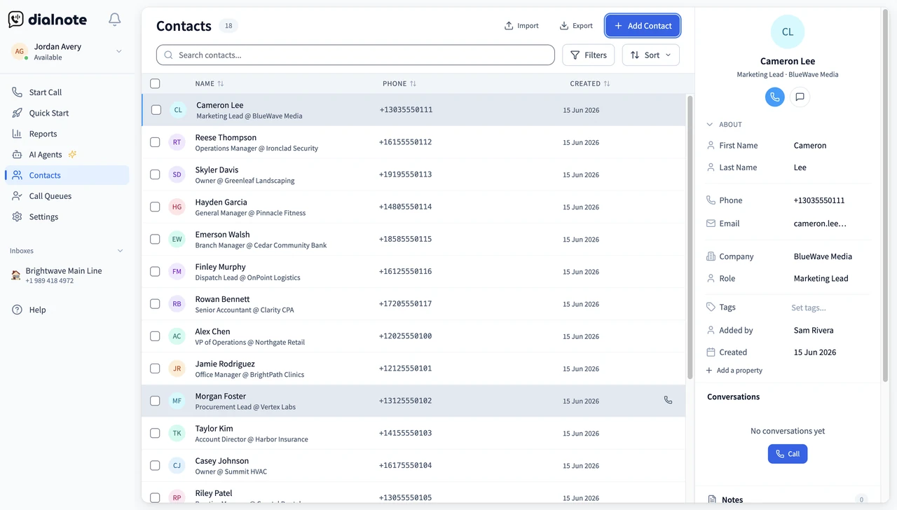 Animated walkthrough of adding a contact in dialnote: opening the Add Contact dialog and filling in the contact details