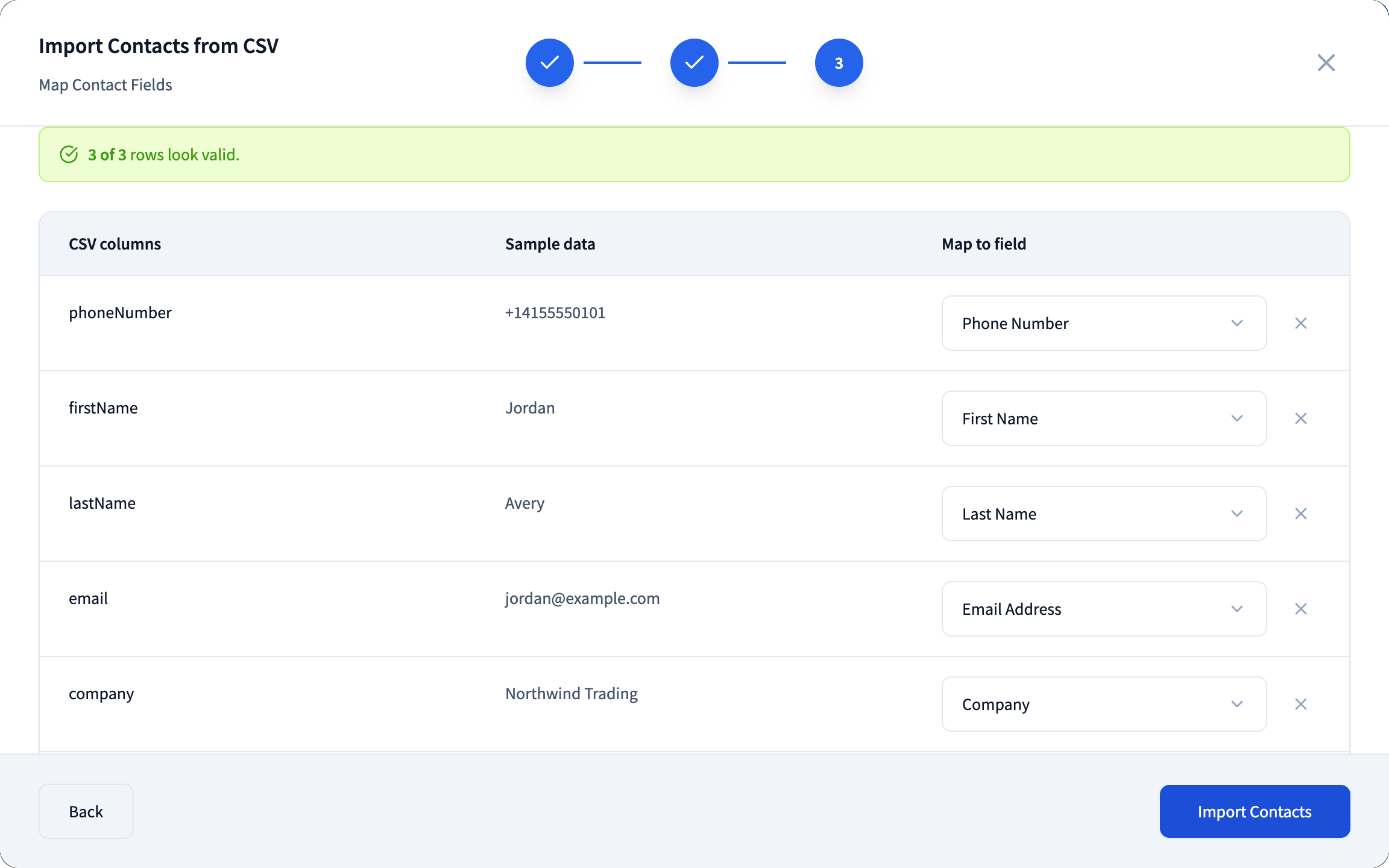 dialnote CSV import column mapper matching spreadsheet columns to contact fields