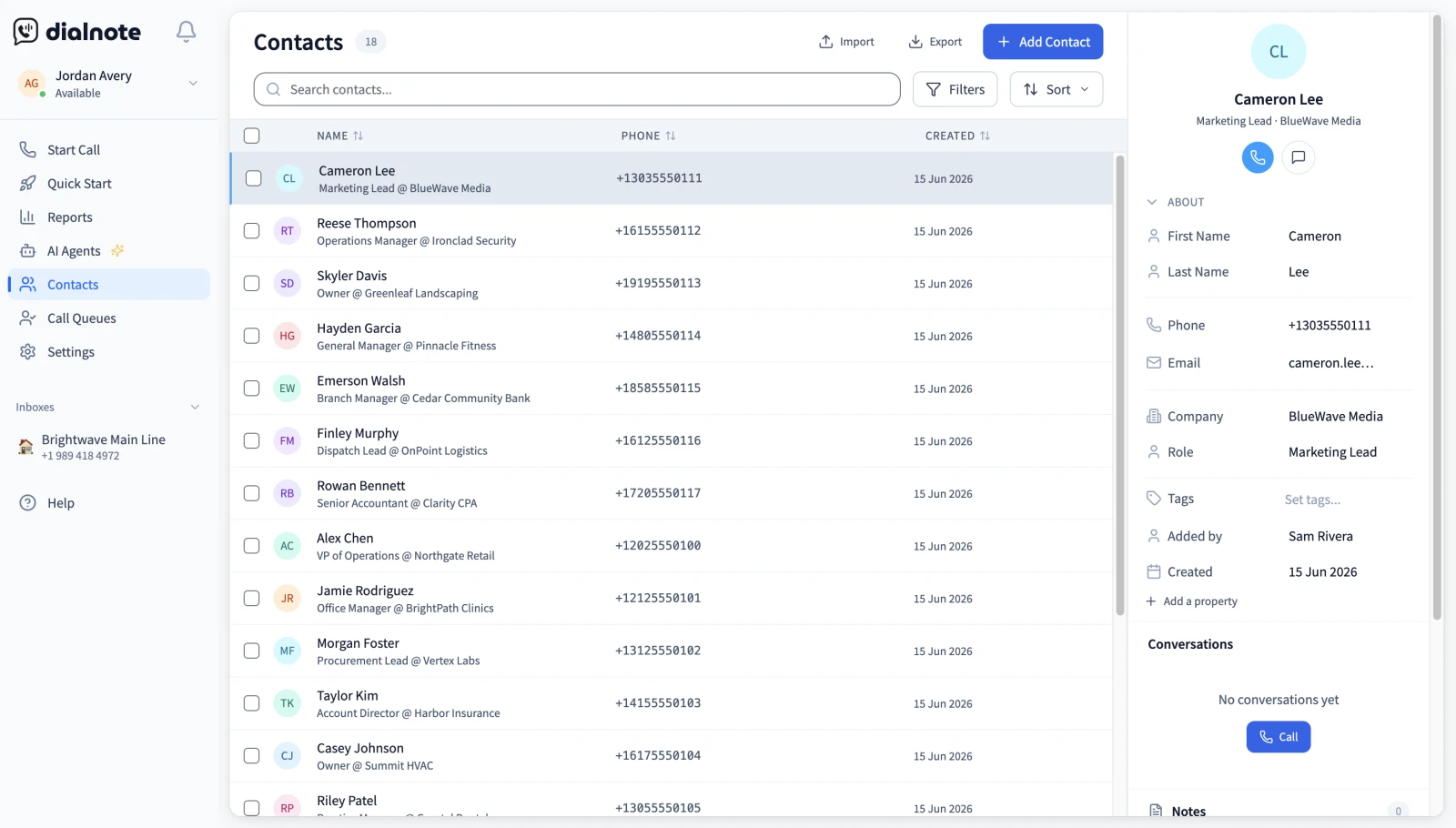 dialnote Contacts page showing the searchable contact list with a contact's detail panel open on the right