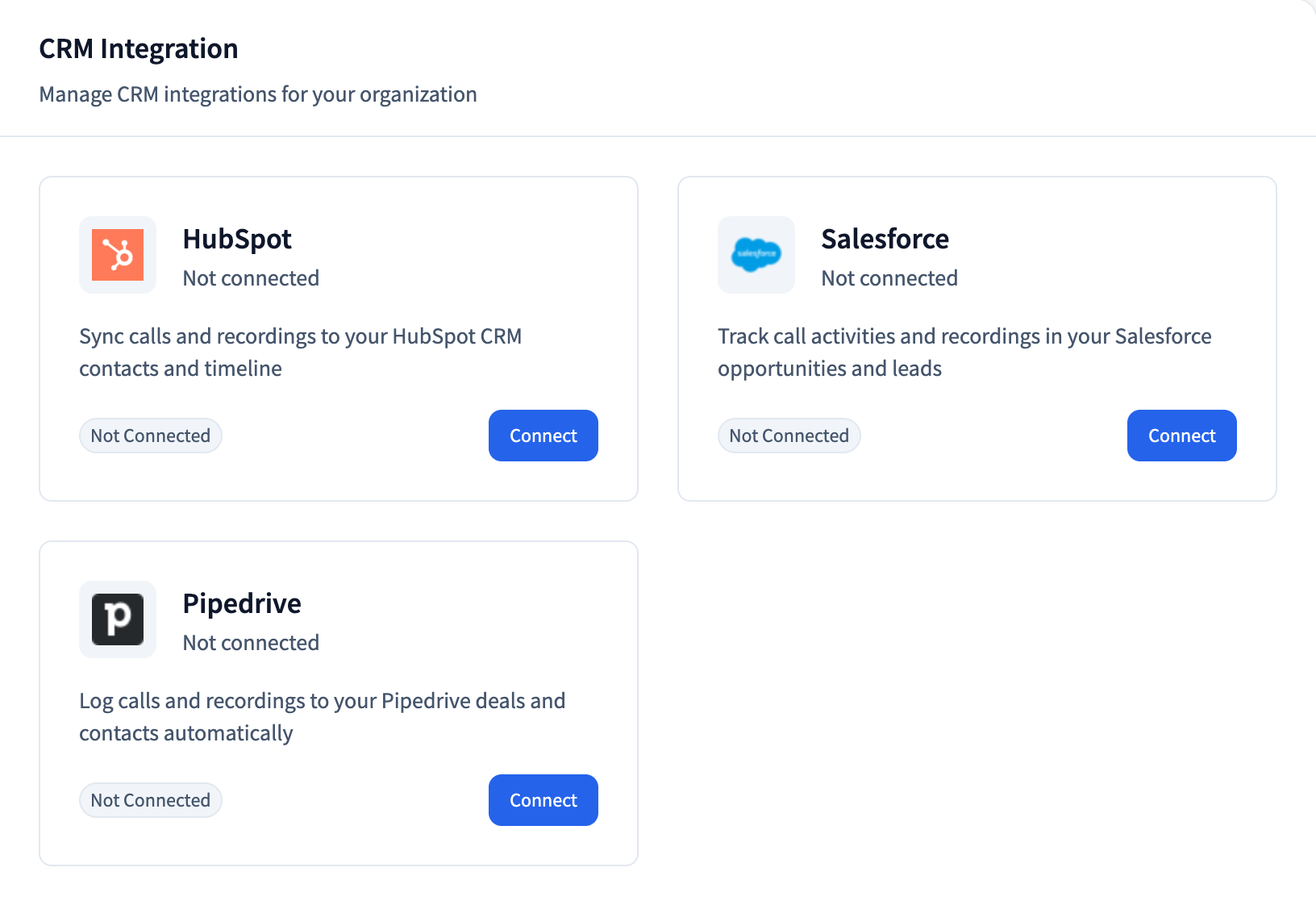 dialnote CRM Integration settings page with HubSpot, Salesforce, and Pipedrive connect cards