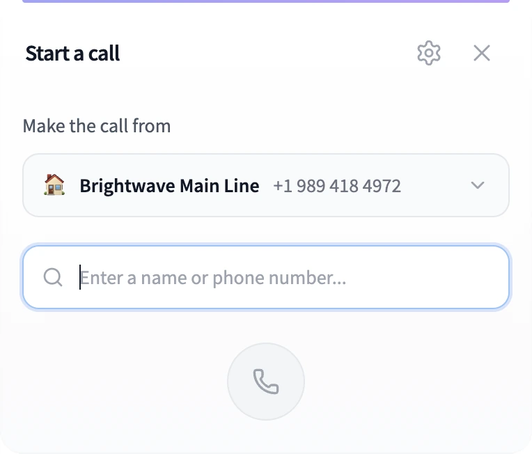 The dialnote dialer pane: pick the number to call from, search a contact or type a phone number, then tap the green call button to dial