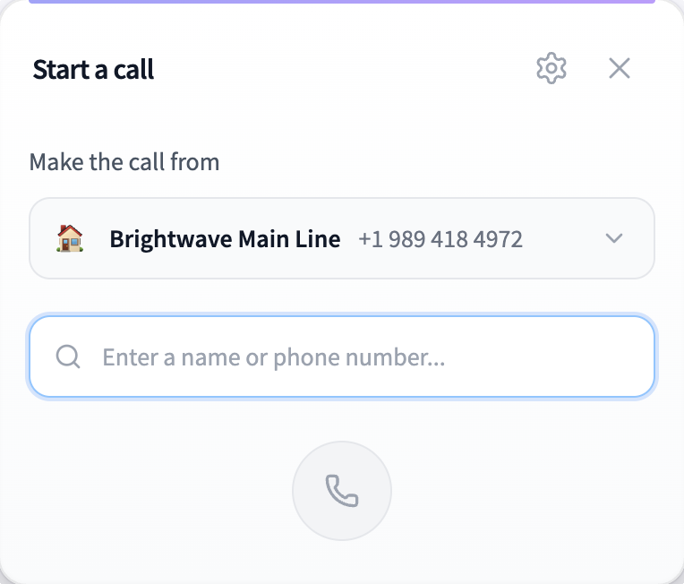 dialnote Call Pane dialer with a From number selector and a phone number input
