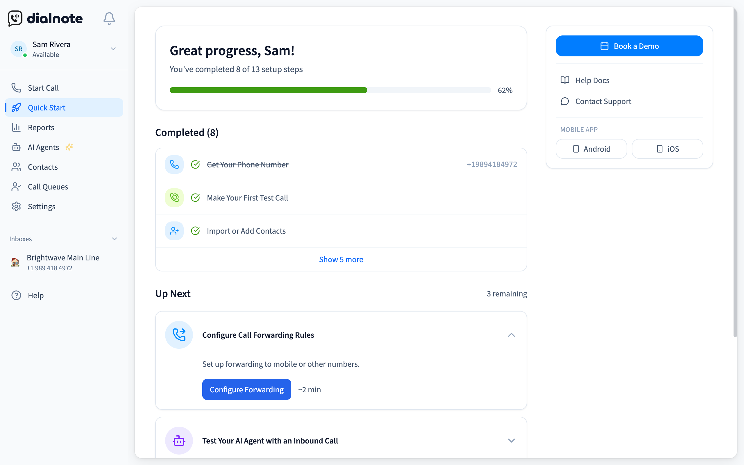 dialnote Quick Start onboarding page showing setup progress and recommended task cards