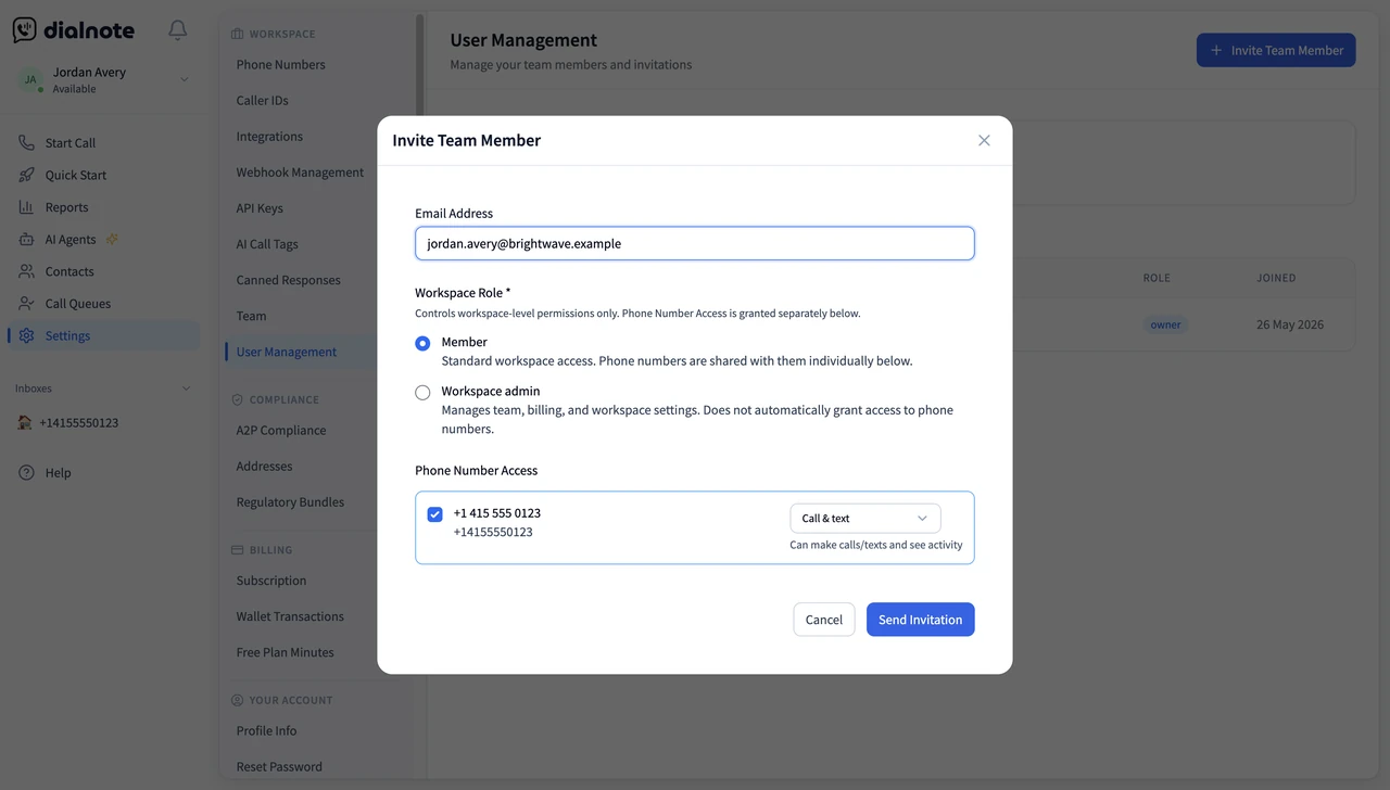 Filling out the Invite Team Member form — email, workspace role, and per-number access level