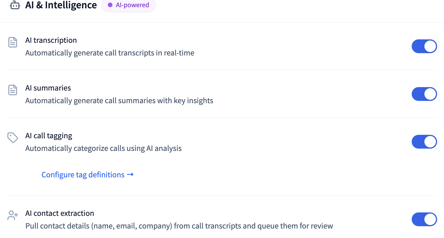 La sección AI & Intelligence de la configuración de un número en dialnote con AI Transcription y AI Summaries activados