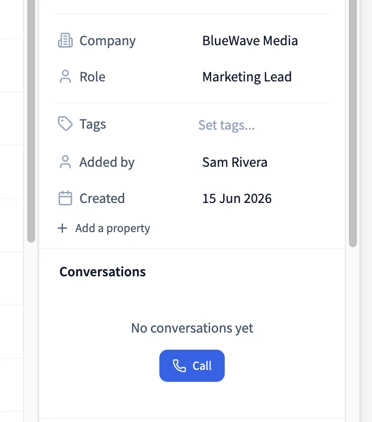 Opening the tag picker on a contact: click the Tags value, then search or pick from existing tags