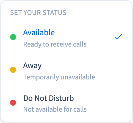 dialnote availability status menu showing Available, Away, and Do Not Disturb options