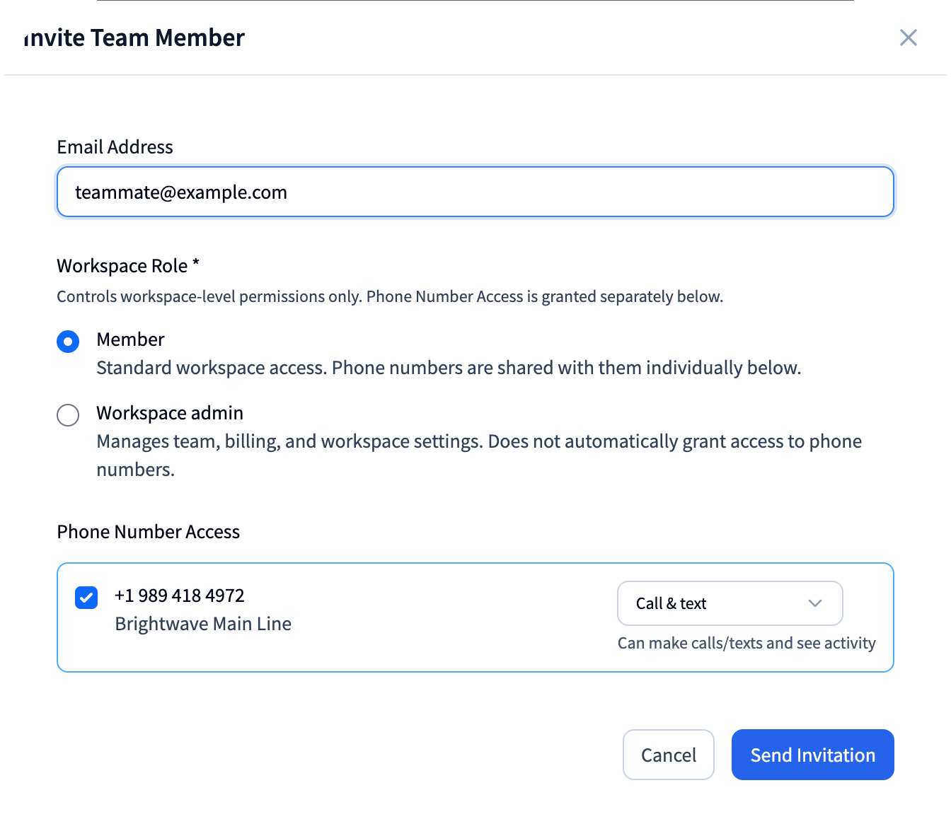 dialnote Invite Teammate dialog with an email field and a role selector