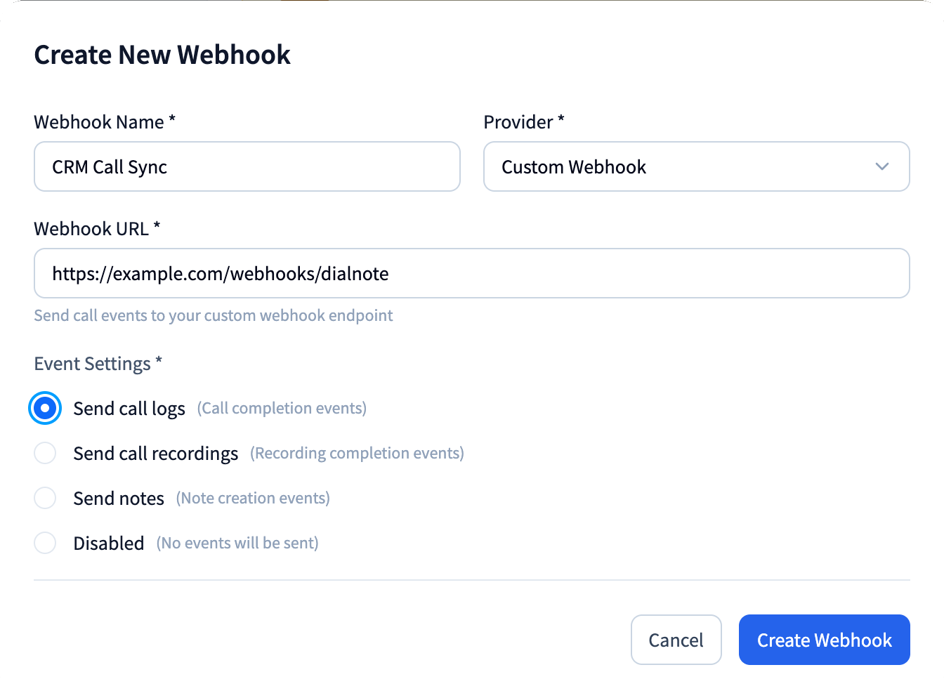 dialnote webhook setup form with name, provider, URL, and single-select event settings