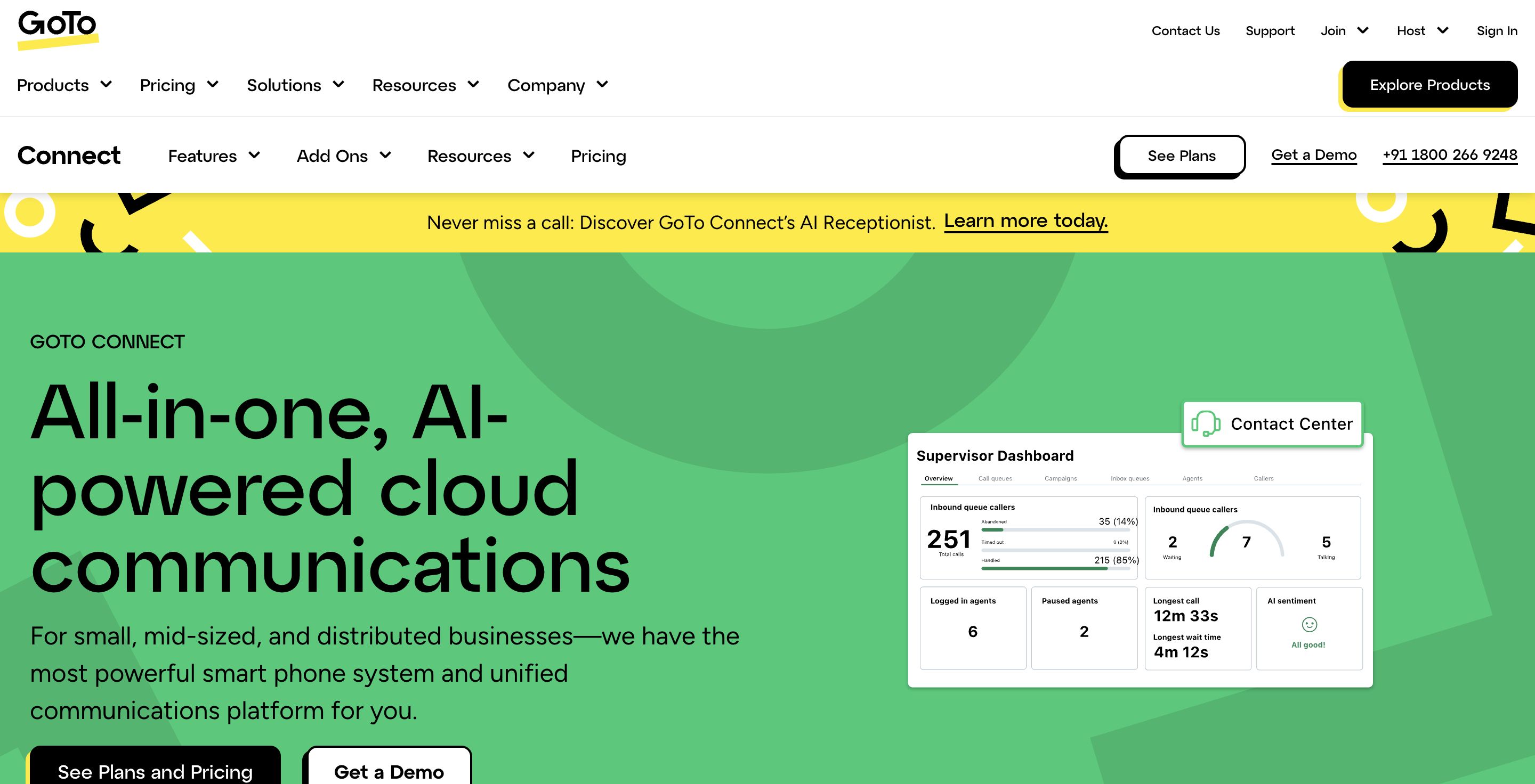 GoTo Connect homepage promoting its AI Receptionist (August 2026)