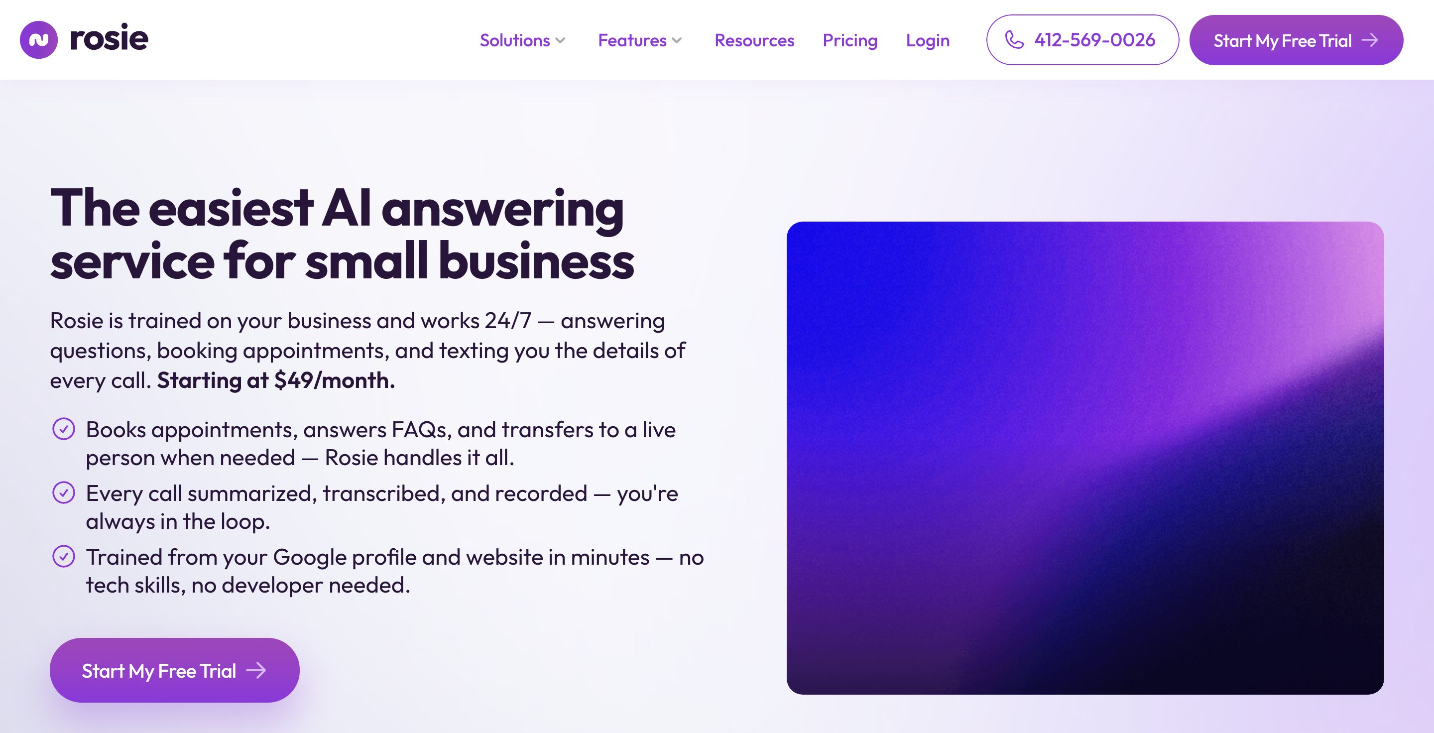 Rosie AI answering service homepage (August 2026)