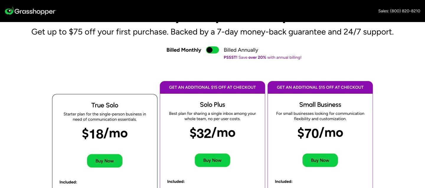 Grasshopper pricing page set to monthly billing: True Solo $18, Solo Plus $32, Small Business $70 a month, captured October 2026