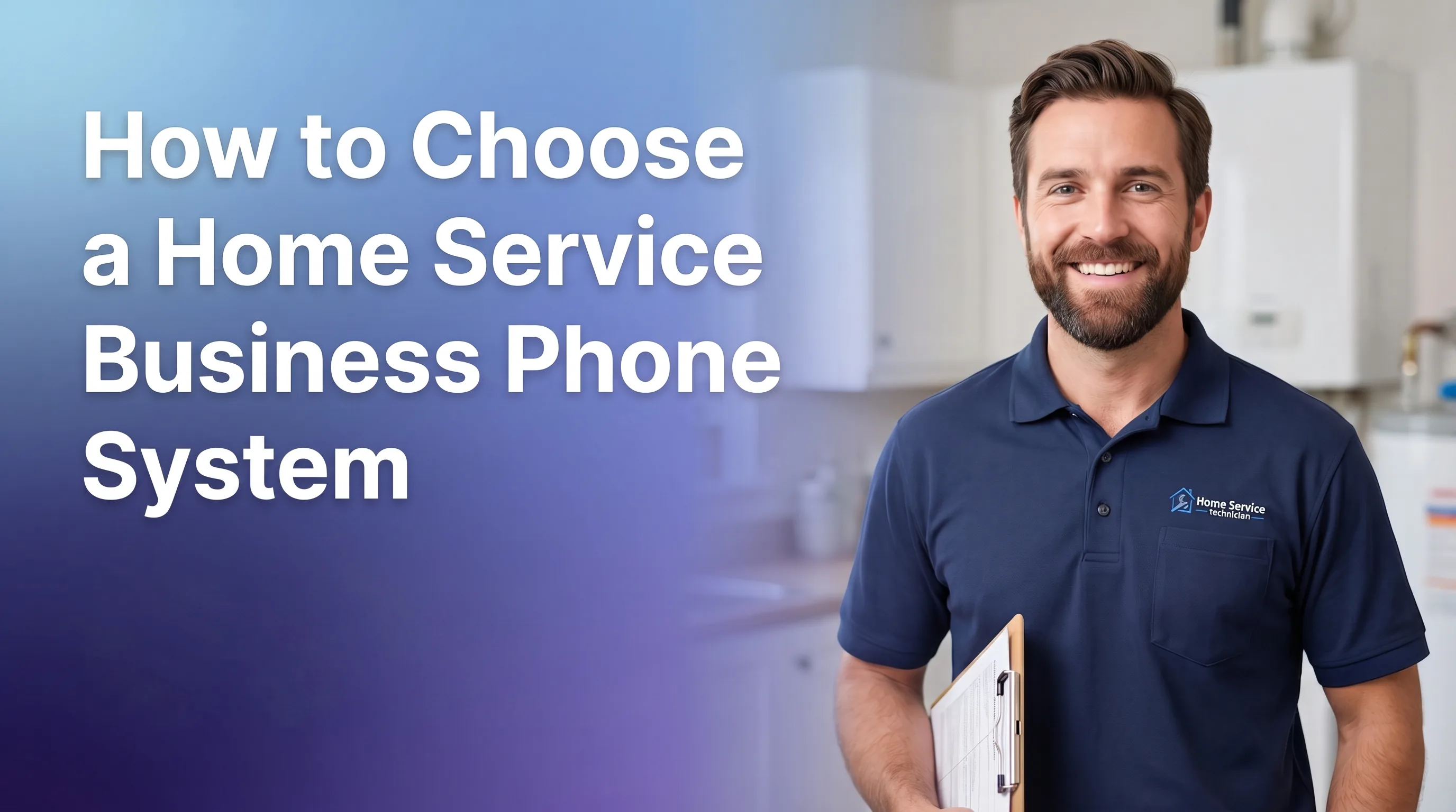 Home service business owner reviewing phone system dashboard on tablet while technician works in background