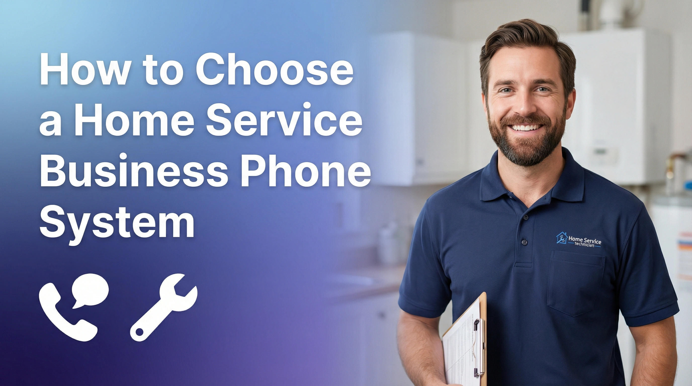 Home service business owner reviewing phone system dashboard on tablet while technician works in background