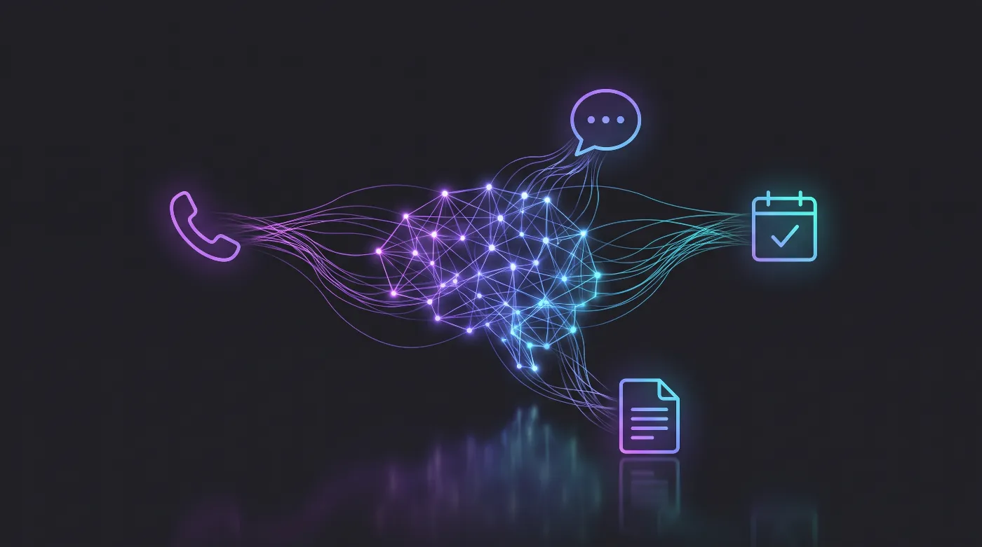 Visualización de una red neuronal de IA conectada a íconos de comunicación empresarial