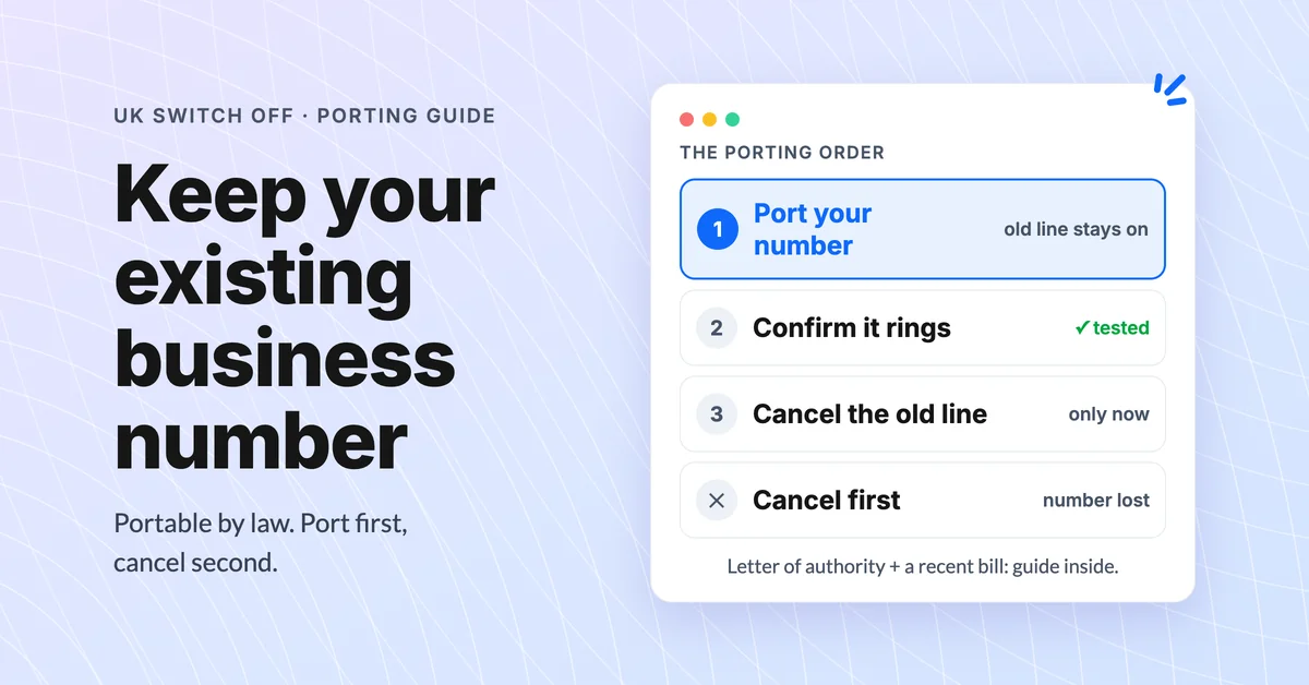 Number porting order for the UK landline switch off showing port first, confirm, then cancel the old line