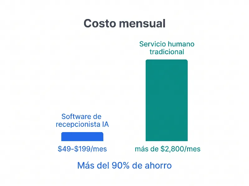 Infografía que compara el costo del software de recepcionista IA ($49-$199/mes) frente a los servicios de contestación humanos tradicionales (más de $2,800/mes) con más del 90% de ahorro