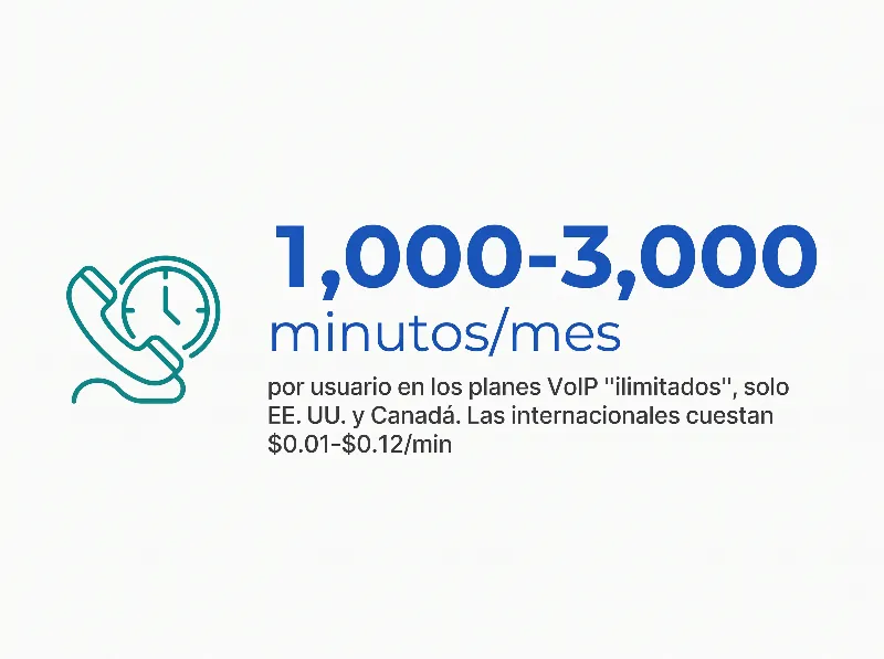 Infografía que muestra que los planes VoIP ilimitados limitan a 1,000-3,000 minutos por usuario al mes solo para EE. UU. y Canadá, con $0.01-$0.12/min para internacionales