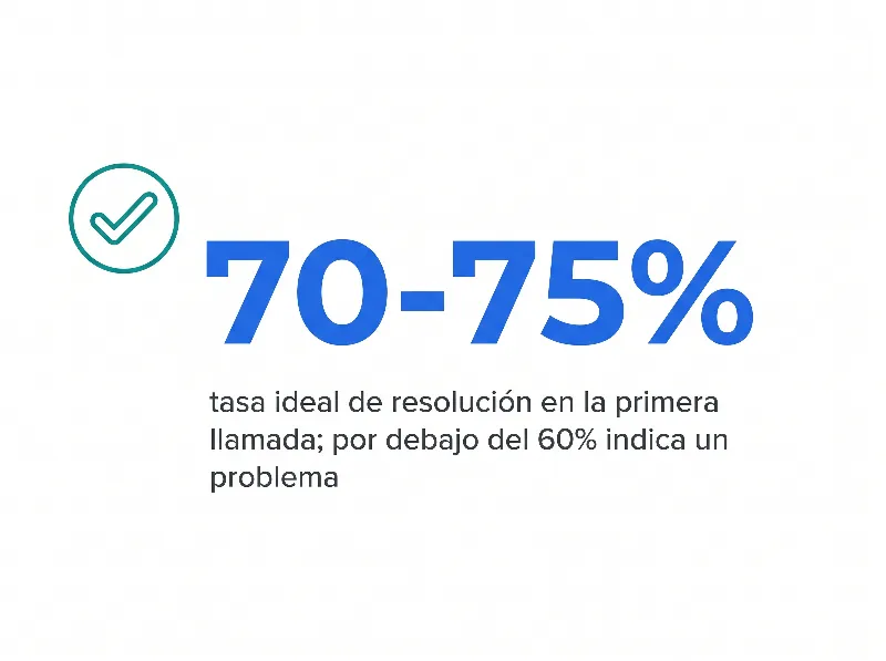 Infografía que muestra el 70-75% como tasa ideal de resolución en la primera llamada con umbral de alerta por debajo del 60%