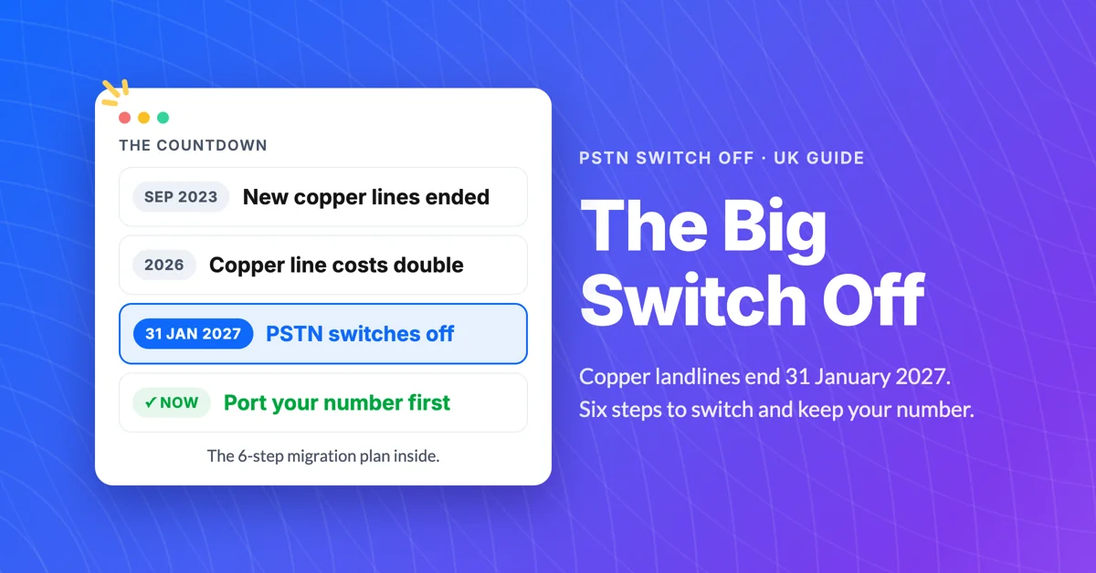 UK PSTN switch off countdown showing copper lines ending, costs doubling in 2026, and the 31 January 2027 deadline