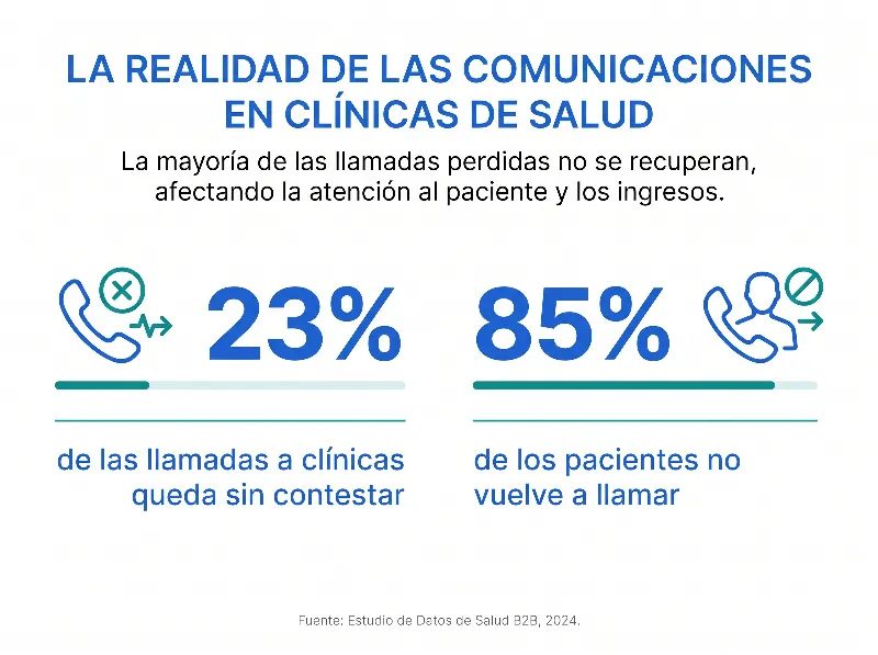 Infografía que muestra que el 23% de las llamadas a clínicas queda sin contestar y el 85% de los pacientes no vuelve a llamar