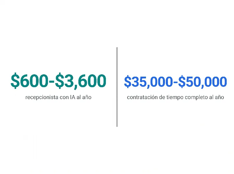 Infografía que compara el costo de una recepcionista con IA de $600 a $3,600 al año frente a una contratación de tiempo completo de $35,000 a $50,000 al año
