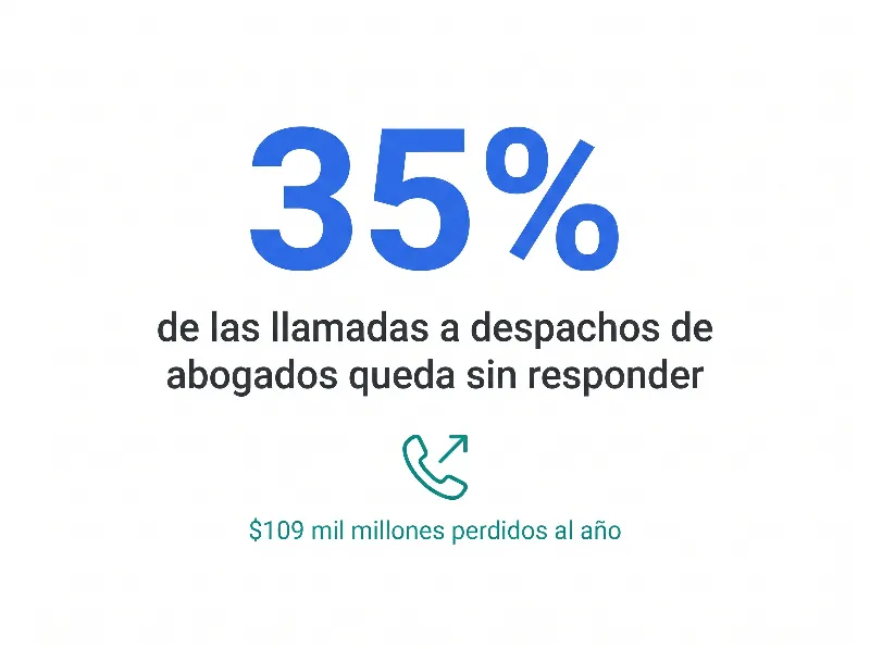 Infografía que muestra que el 35% de las llamadas a despachos de abogados queda sin responder, costándole a la industria legal $109 mil millones al año