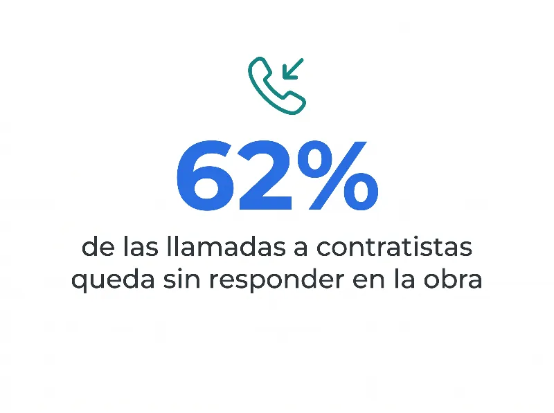 Infografía que muestra que el 62% de las llamadas a contratistas queda sin responder en la obra, y los electricistas pierden aún más