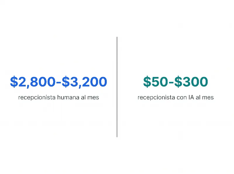 Infografía que compara el costo de una recepcionista humana de $2,800 a $3,200 al mes frente a una recepcionista con IA de $50 a $300 al mes para empresas de techos