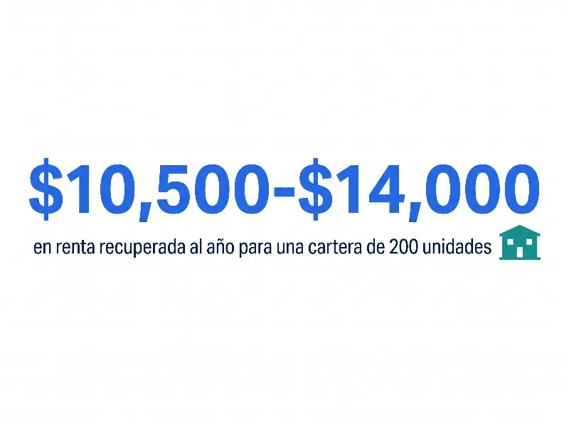 Infografía que muestra que una recepcionista con IA recupera de $10,500 a $14,000 al año en renta perdida para una cartera de administración de propiedades de 200 unidades