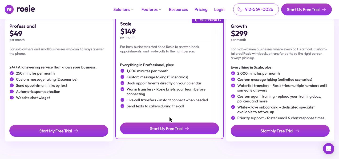 Rosie AI pricing page: Professional $49 for 250 minutes, Scale $149 for 1,000 minutes with calendar booking and transfers, Growth $299 for 2,000 minutes, captured October 2026