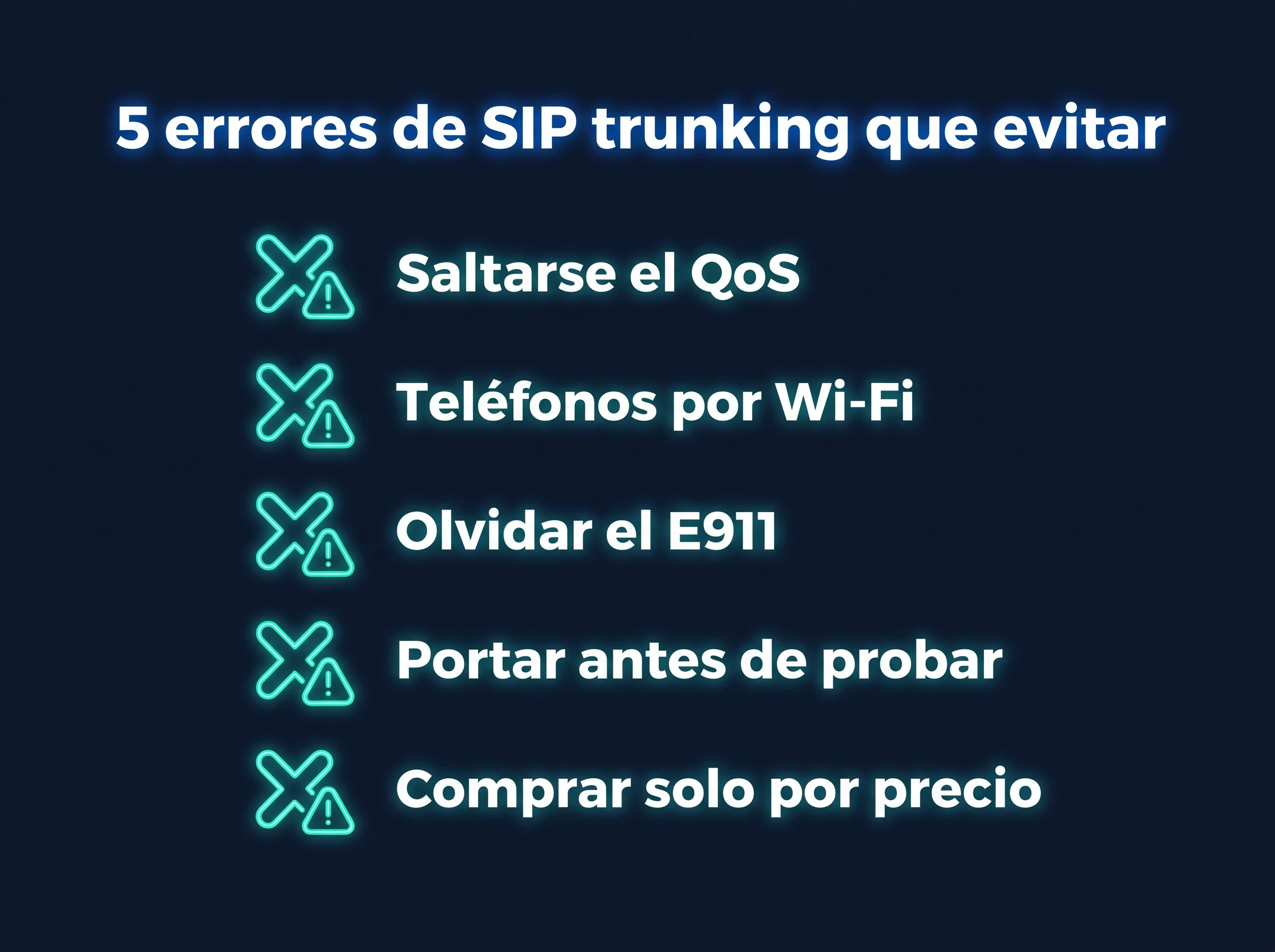 Lista de cinco errores comunes de SIP trunking: QoS, teléfonos por Wi-Fi, E911, orden de portabilidad y comprar solo por precio