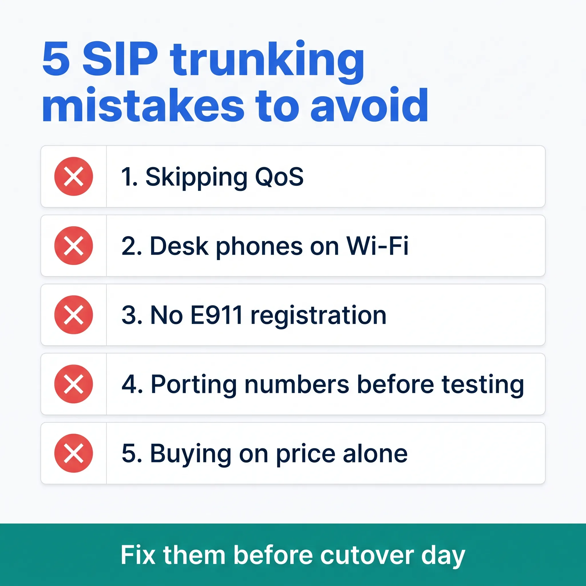 Checklist of five common SIP trunking mistakes: QoS, Wi-Fi phones, E911, porting order, and price-only buying