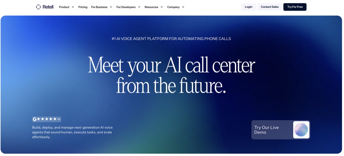 Retell AI homepage