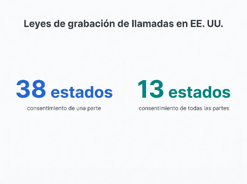 Infografía que muestra que 38 estados de EE. UU. siguen el consentimiento de una parte frente a 13 estados que requieren el consentimiento de todas las partes para grabar llamadas