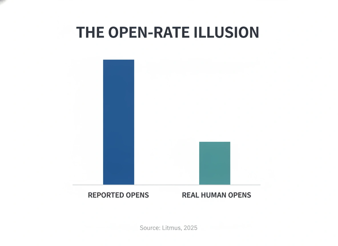 Bar chart showing cold email subject line reported open rates inflated far above real human opens, source Litmus 2025
