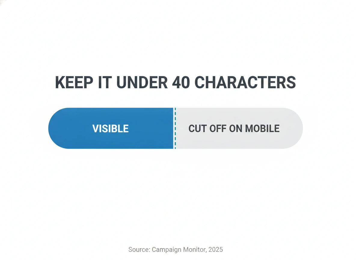Diagram showing a cold email subject line cut off on mobile past 40 characters, with the visible portion highlighted, source Campaign Monitor 2025