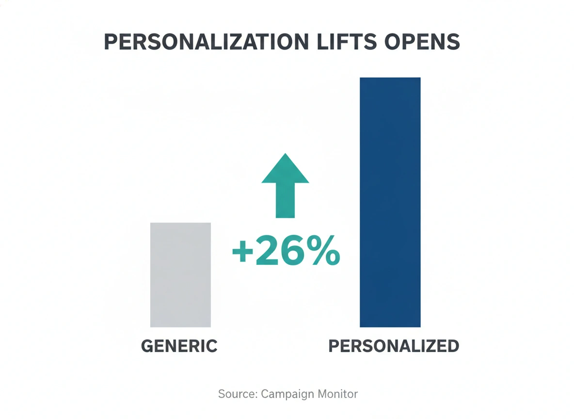 Bar chart showing personalized cold email subject lines lift open rates about 26 percent over generic ones, source Campaign Monitor