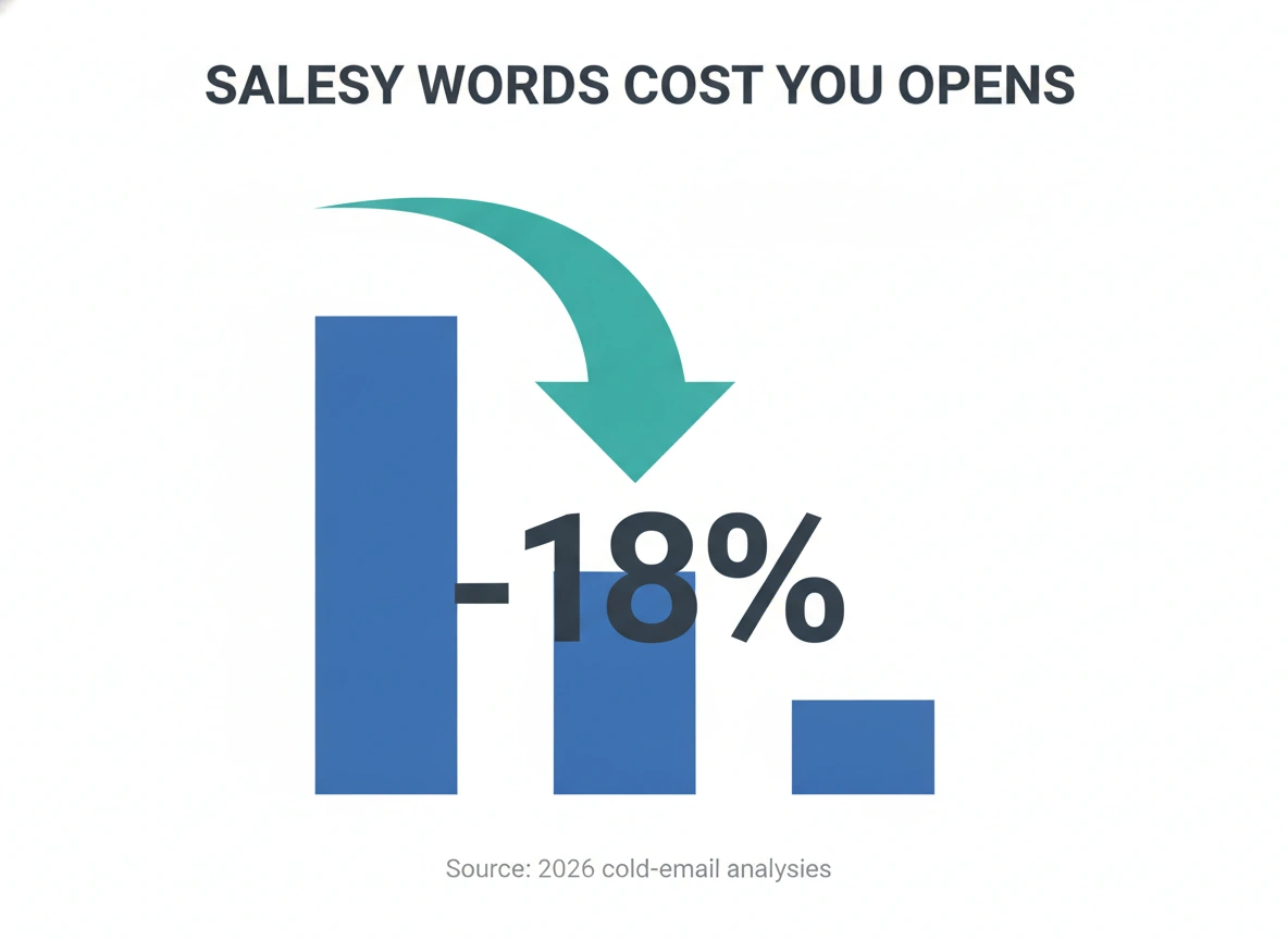 Descending bar chart showing salesy words cut cold email subject line open rates by about 18 percent