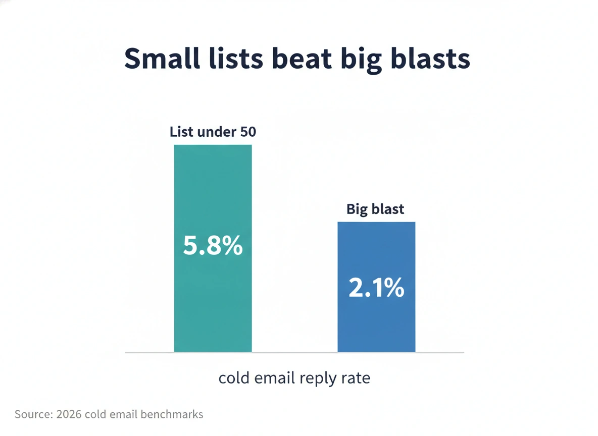 Cold email opening lines reply rate: 5.8% for lists under 50 vs 2.1% for blasts