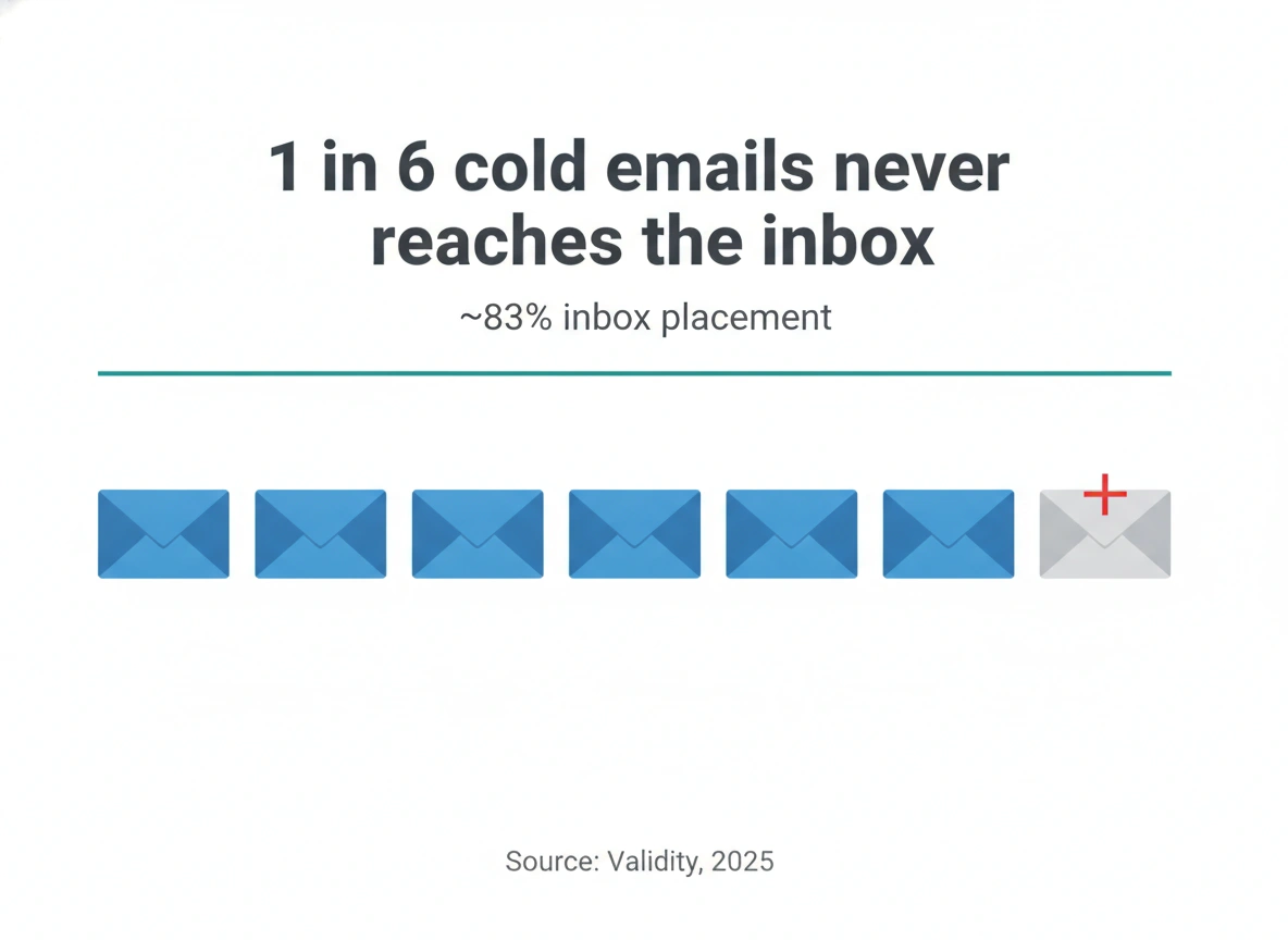 Graphic: 1 in 6 cold emails never reaches the inbox, showing why deliverability gates cold email closing lines.