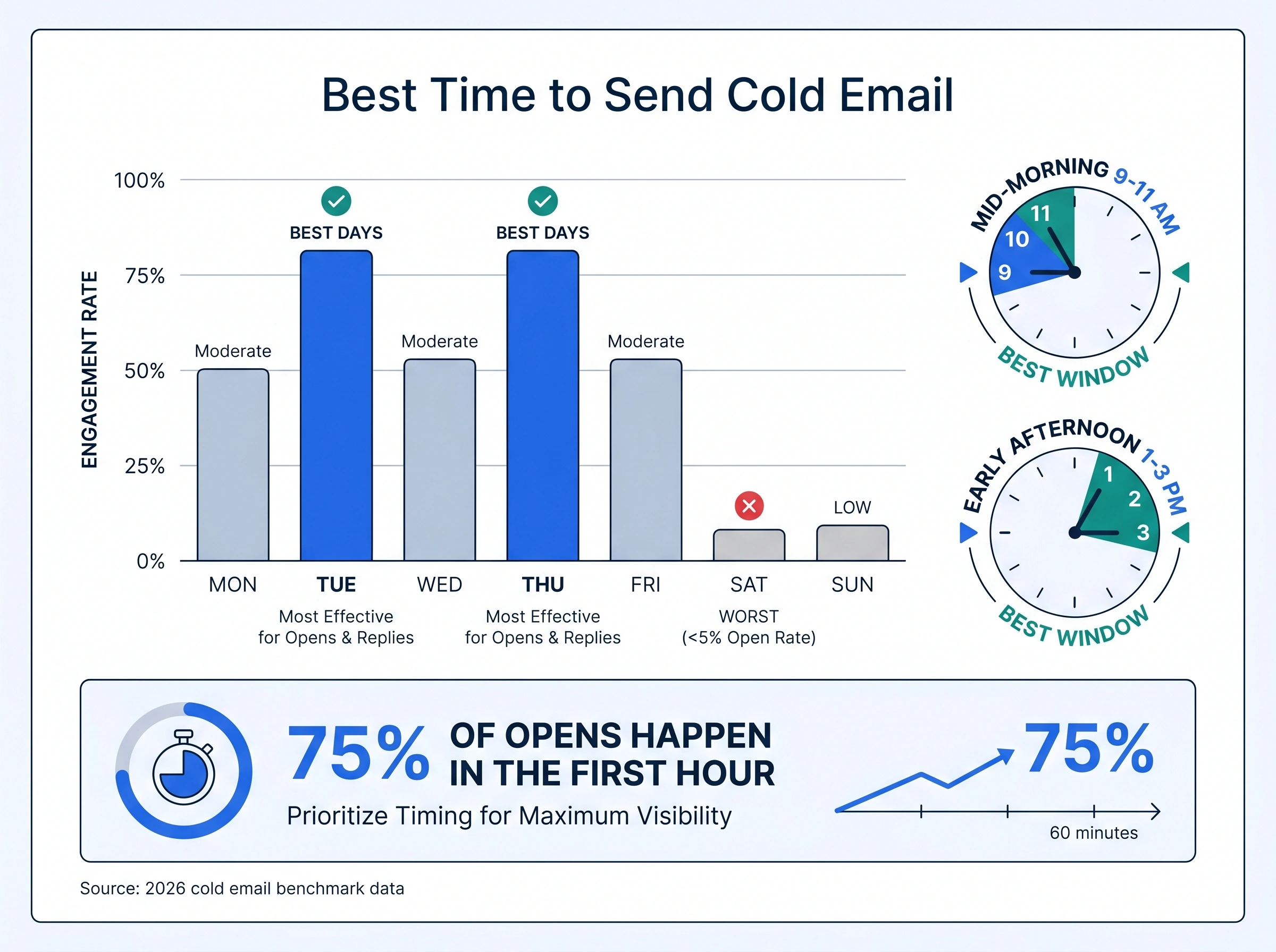 Best time to send cold email: Tuesday and Thursday mornings, 75% of opens in first hour