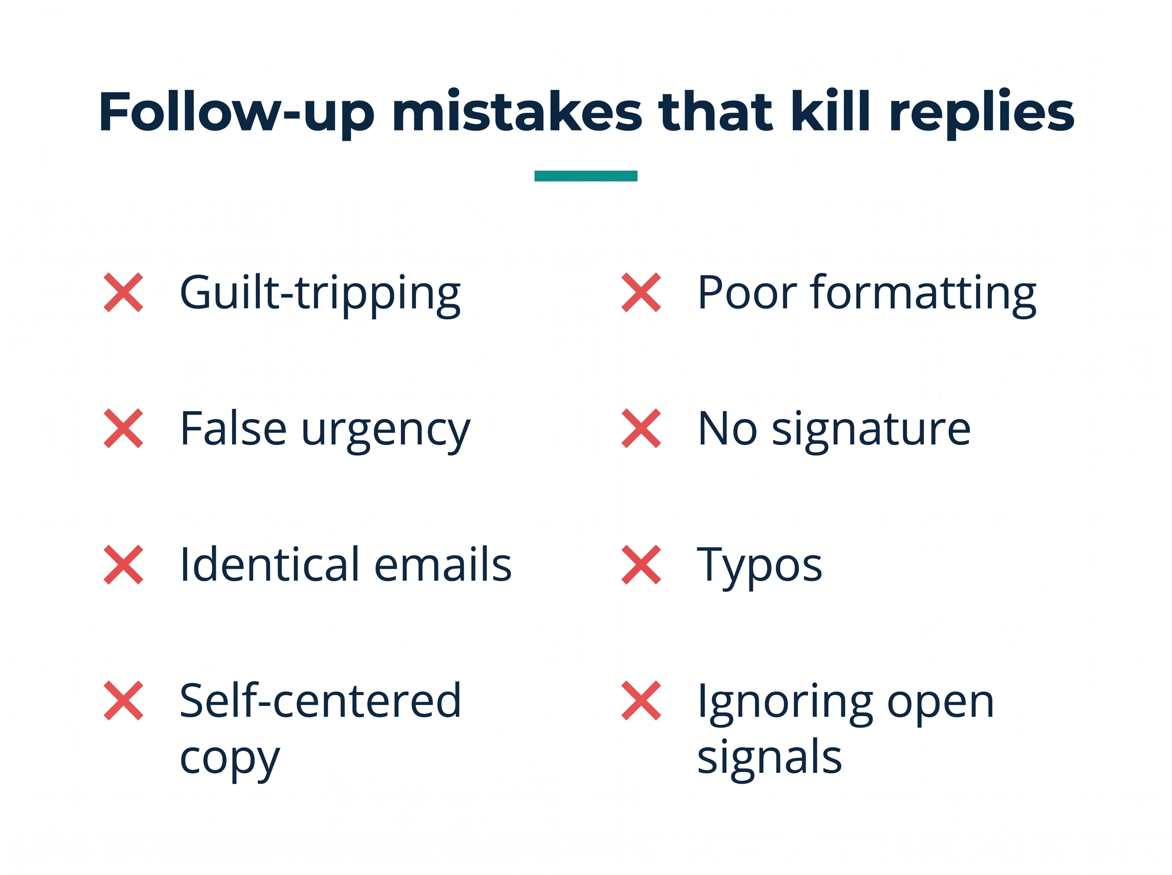Checklist of eight follow up email mistakes that kill replies, from guilt-tripping and false urgency to typos